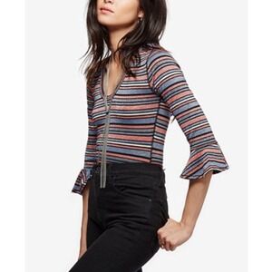 Free People Surprise Party Half Sleeve Scoop Neck Tee in Metallic Stripe Size S